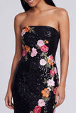Sparkly Black Strapless Sheath Long Floral Dress with Sequins
