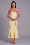 Light Yellow Mermaid Satin Long Floral Dress with Appliques