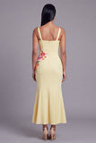 Light Yellow Mermaid Satin Long Floral Dress with Appliques
