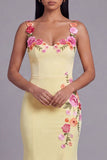 Light Yellow Mermaid Satin Long Floral Dress with Appliques