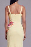 Light Yellow Mermaid Satin Long Floral Dress with Appliques