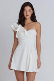 Ivory A-Line One Shoulder Ruched Bridal Shower Dress with Ruffles