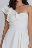 Ivory A-Line One Shoulder Ruched Bridal Shower Dress with Ruffles