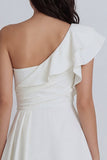 Ivory A-Line One Shoulder Ruched Bridal Shower Dress with Ruffles