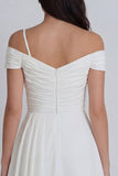 Ivory Cold Shoulder Ruched A-Line Graduation Dress with 3D Flower