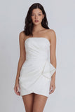 Strapless Satin Ivory Ruched Bodycon Graduation Dress with Ruffles