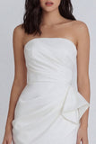 Strapless Satin Ivory Ruched Bodycon Graduation Dress with Ruffles