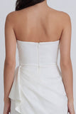 Strapless Satin Ivory Ruched Bodycon Graduation Dress with Ruffles