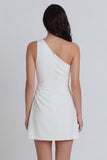 A-Line One Shoulder Ruched Little White Dress