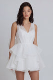 Ivory A-Line Tulle V-Neck Ruffled Bridal Shower Dress with Bow