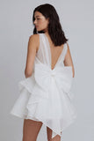Ivory A-Line Tulle V-Neck Ruffled Bridal Shower Dress with Bow