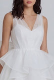Ivory A-Line Tulle V-Neck Ruffled Bridal Shower Dress with Bow