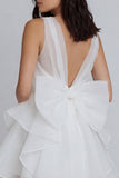Ivory A-Line Tulle V-Neck Ruffled Bridal Shower Dress with Bow