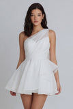 A-Line One Shoulder Tulle Ruched Little White Dress with Ruffles