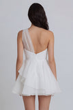 A-Line One Shoulder Tulle Ruched Little White Dress with Ruffles