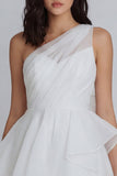 A-Line One Shoulder Tulle Ruched Little White Dress with Ruffles