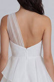 A-Line One Shoulder Tulle Ruched Little White Dress with Ruffles