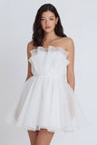 A-Line Tulle Strapless Ruched Pleated Little White Dress with Bow