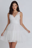 Tulle A-Line Ivory V-Neck Ruched Graduation Dress