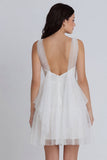 Tulle A-Line Ivory V-Neck Ruched Graduation Dress
