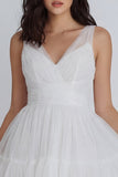 Tulle A-Line Ivory V-Neck Ruched Graduation Dress