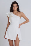 Ivory A-Line One Shoulder Ruffled Graduation Dress with Slit