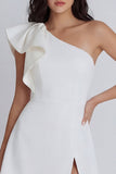 Ivory A-Line One Shoulder Ruffled Graduation Dress with Slit