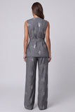 Dark Grey V-Neck Two-Piece Sequin Work Suits with Belt