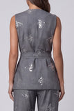 Dark Grey V-Neck Two-Piece Sequin Work Suits with Belt