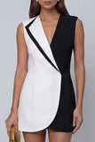 Black and White Lapel Sleeveless Short Work Dress