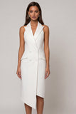 White Sheath Peaked Lapel Double Breasted Asymmetrical Work Dress