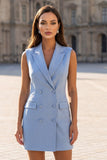 Blue Beaded Peaked Lapel Double Breasted Short Work Dress
