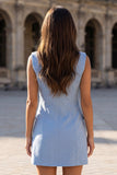 Blue Beaded Peaked Lapel Double Breasted Short Work Dress