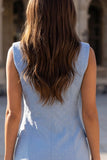 Blue Beaded Peaked Lapel Double Breasted Short Work Dress