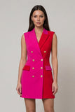 Fuchsia and Red Bodycon Peaked Lapel Double Breasted Work Dress