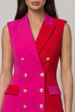 Fuchsia and Red Bodycon Peaked Lapel Double Breasted Work Dress