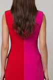 Fuchsia and Red Bodycon Peaked Lapel Double Breasted Work Dress