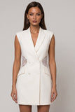 White Peaked Lapel Bouble Breasted Short Work Dress with Lace