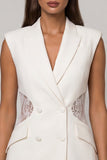 White Peaked Lapel Bouble Breasted Short Work Dress with Lace