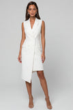 White Sheath Notched Lapel Asymmetrical Work Dress