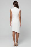 White Sheath Notched Lapel Asymmetrical Work Dress