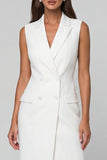 White Sheath Notched Lapel Asymmetrical Work Dress