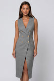 Grey Sheath V-Neck Double-breasted Polka Dots Midi Work Dress with Slit