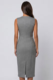 Grey Sheath V-Neck Double-breasted Polka Dots Midi Work Dress with Slit