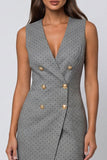 Grey Sheath V-Neck Double-breasted Polka Dots Midi Work Dress with Slit