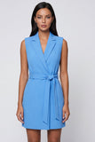 Blue Notched Lapel Sleeveless Short Work Dress with Belt