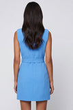Blue Notched Lapel Sleeveless Short Work Dress with Belt