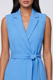 Blue Notched Lapel Sleeveless Short Work Dress with Belt