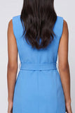 Blue Notched Lapel Sleeveless Short Work Dress with Belt