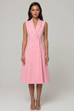 Pink A Line Shawl Lapel Double Breasted Midi Work Dress
